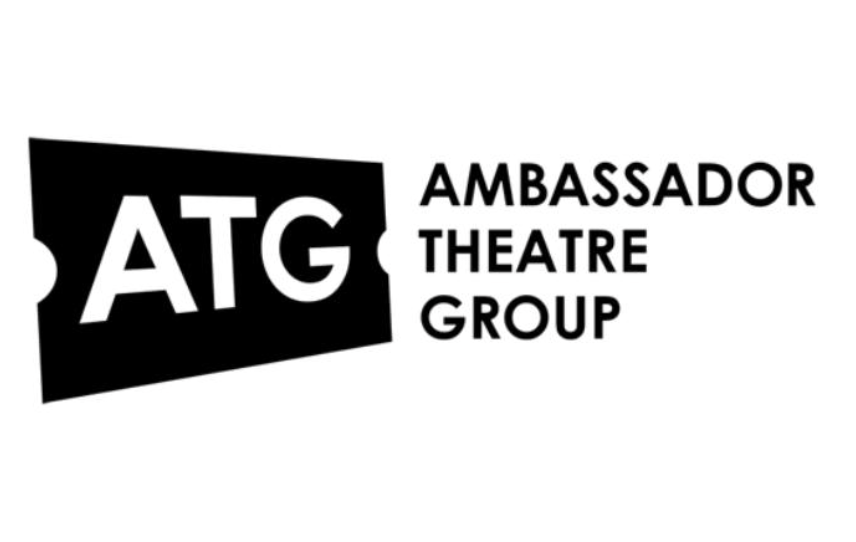 The logo of ATG Ambassador Theatre Group in black and white, with bold letters ATG inside a tilted black rectangle and 'AMBASSADOR THEATRE GROUP' written to the right.