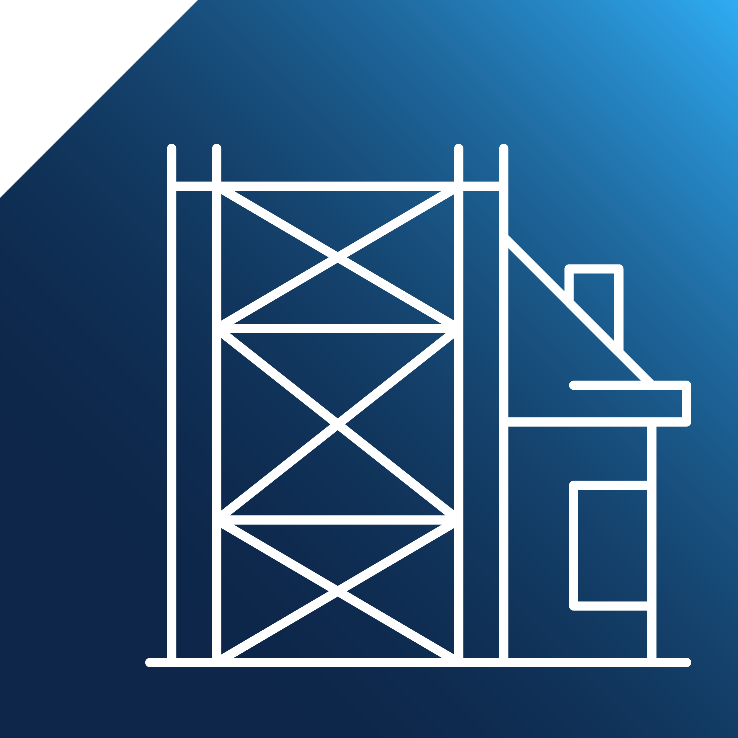 First National Services - Outline of a construction tower crane and a building with a stairwell on a blue background.