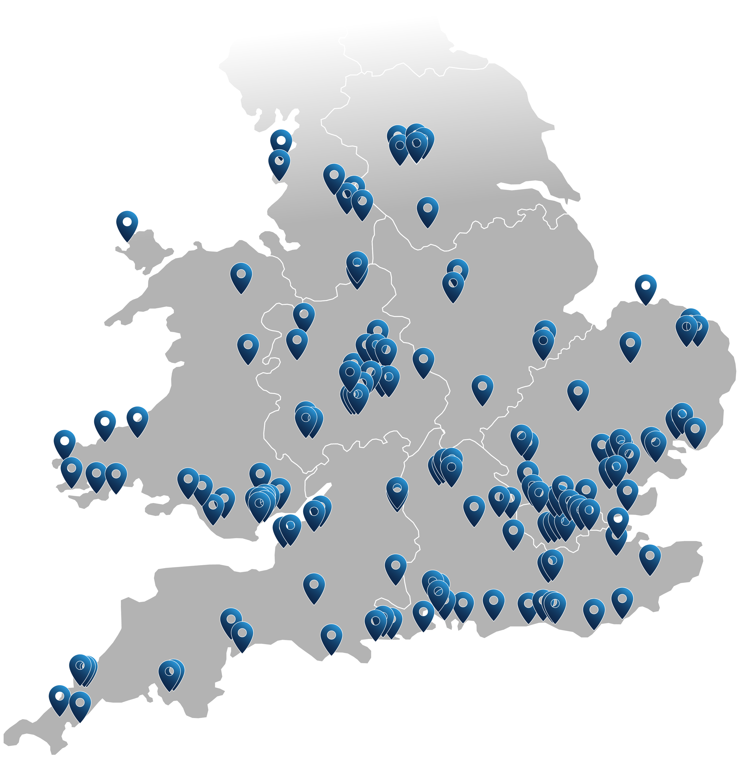 A map of England with numerous blue location markers spread across different cities and regions.