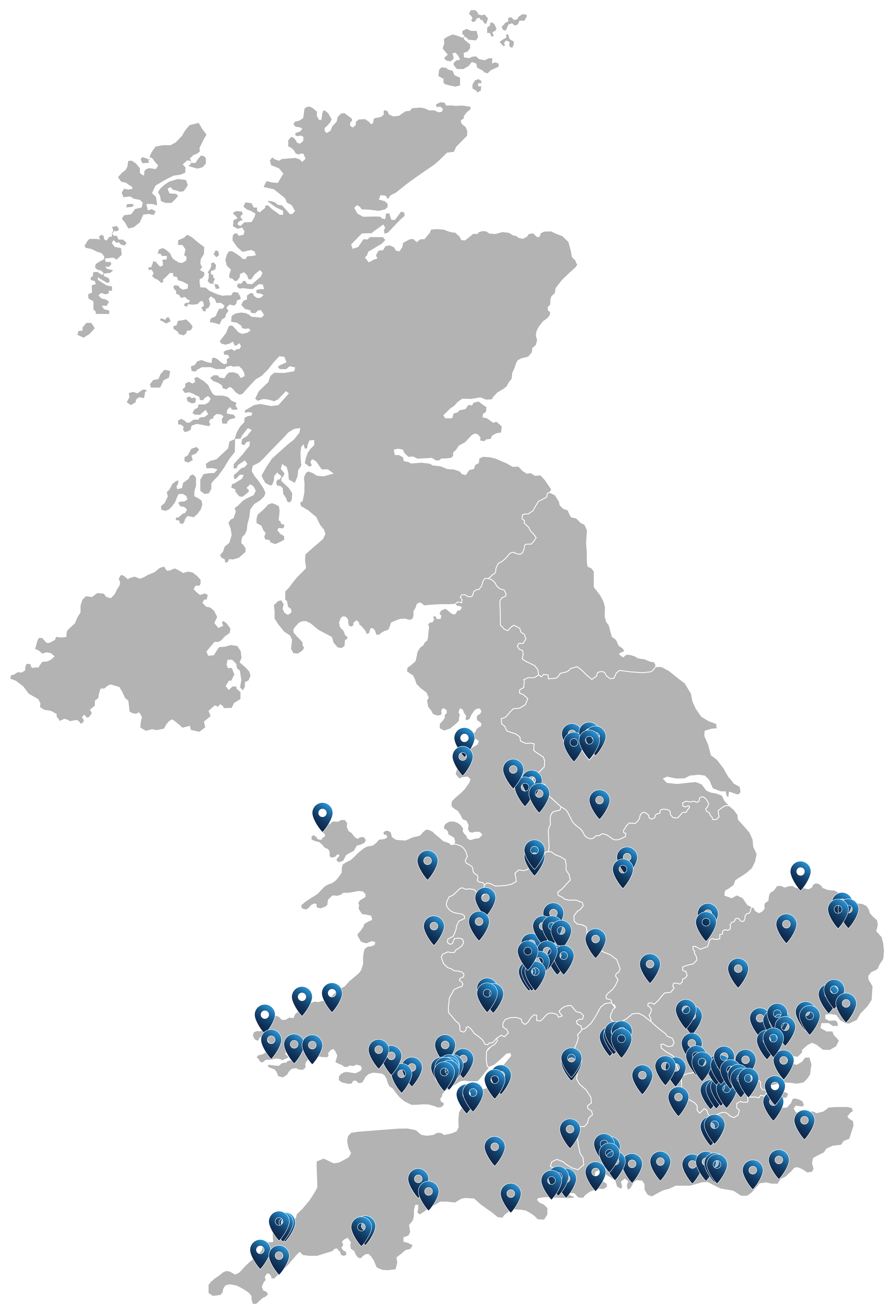 First National Services projects - Map of the United Kingdom with numerous blue location markers across England, Scotland, Wales, and Northern Ireland.