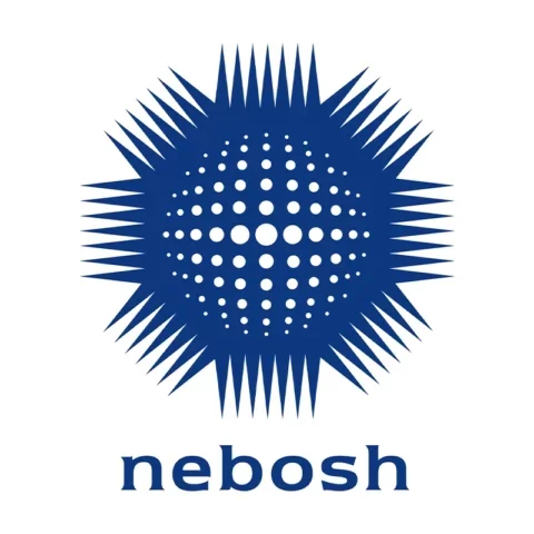 A blue logo featuring a stylized spherical design with radiating spikes and a pattern of dots inside, with the word 'nebosh' below.