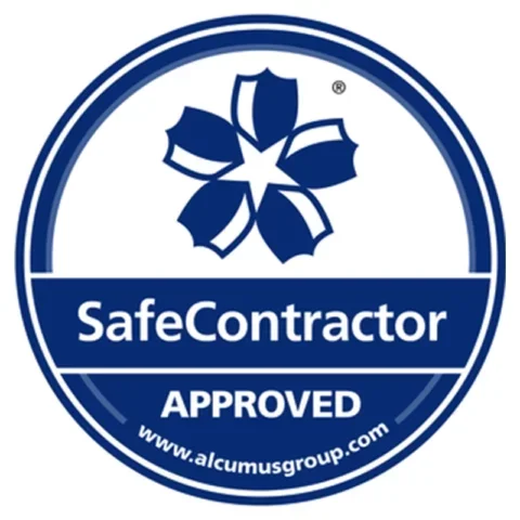 Safe Contractor approved badge with a flower-like logo and website www.alcumusgroup.com