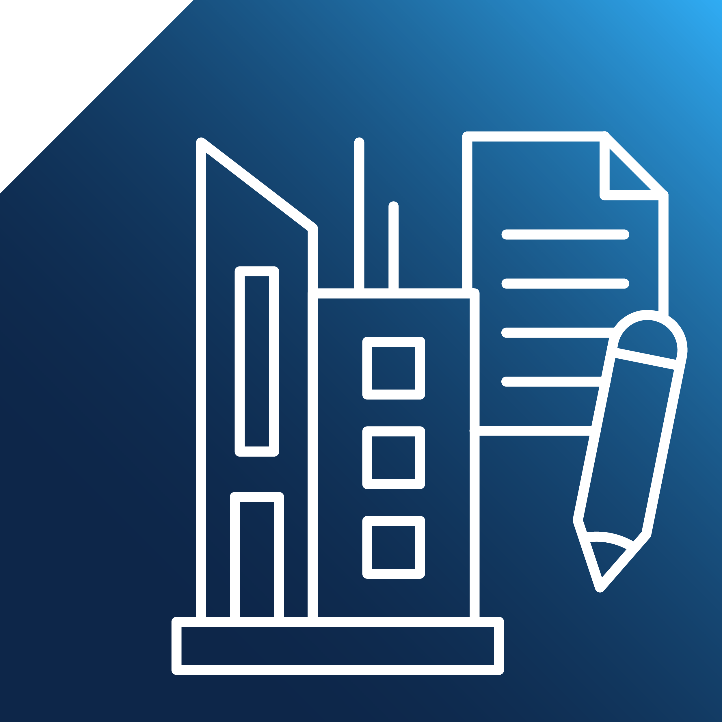 First National Services - Outline icon of various office supplies including a ruler, three stacked books, a sheet of paper, and a pencil on a dark blue gradient background.