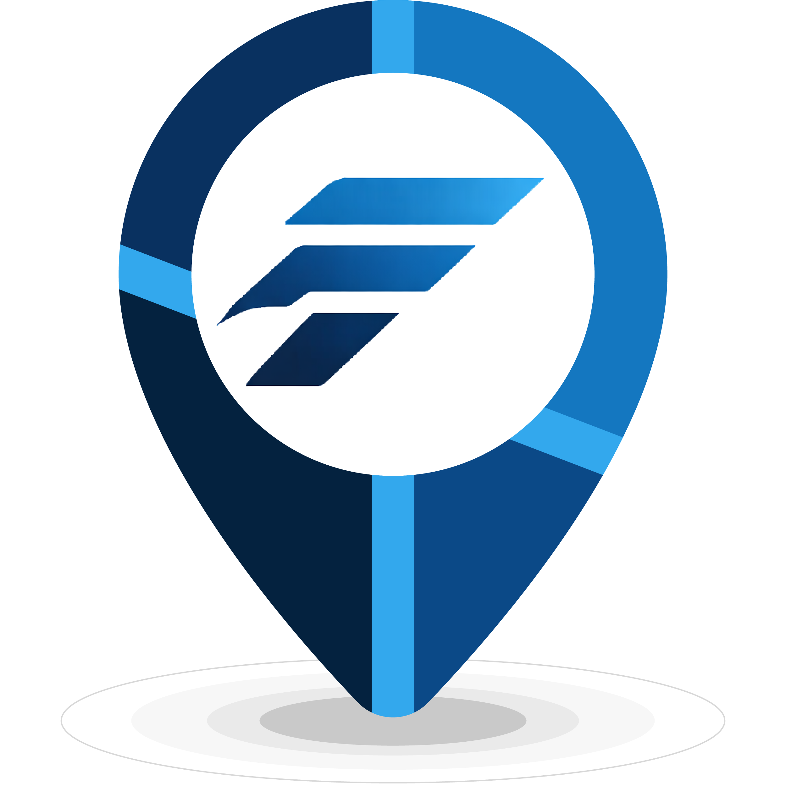 A location marker pin with a blue and dark blue color scheme, featuring the FedEx logo in the center, indicating a FedEx delivery or shipping service.