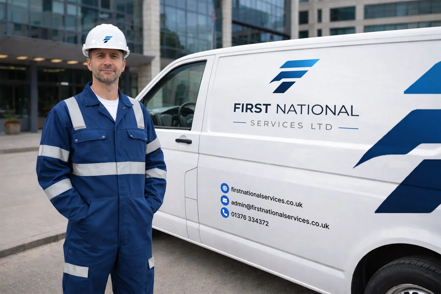 A man in a blue uniform and a white safety helmet standing beside a white service van with the logo and contact information of First National Services Ltd, in an urban area with modern office buildings.