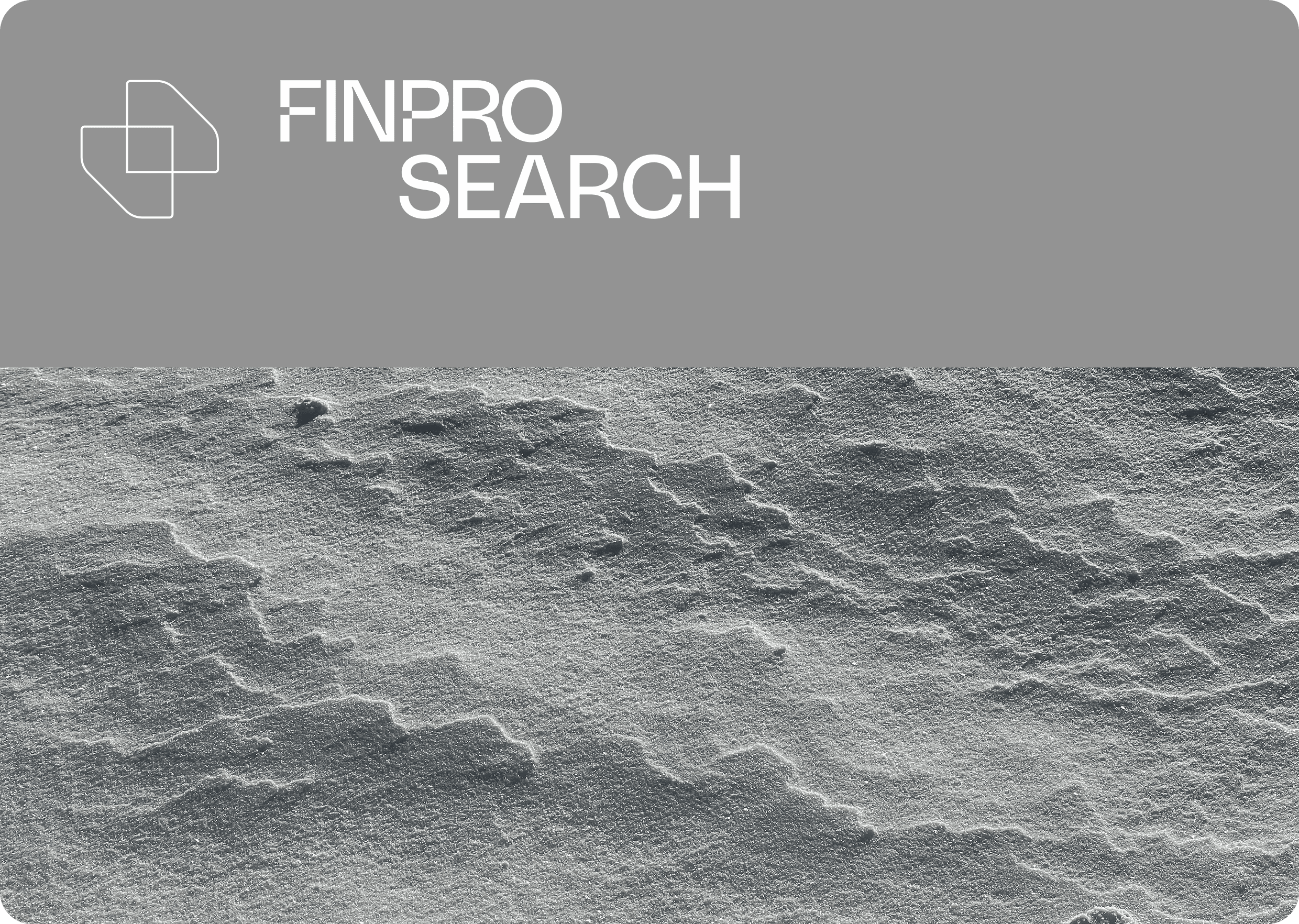 A logo of Finpro Search on a dark grey background. It also contains and image of a close-up of a sandy surface with textured footprints and tire tracks to add visual flair and differentiation
