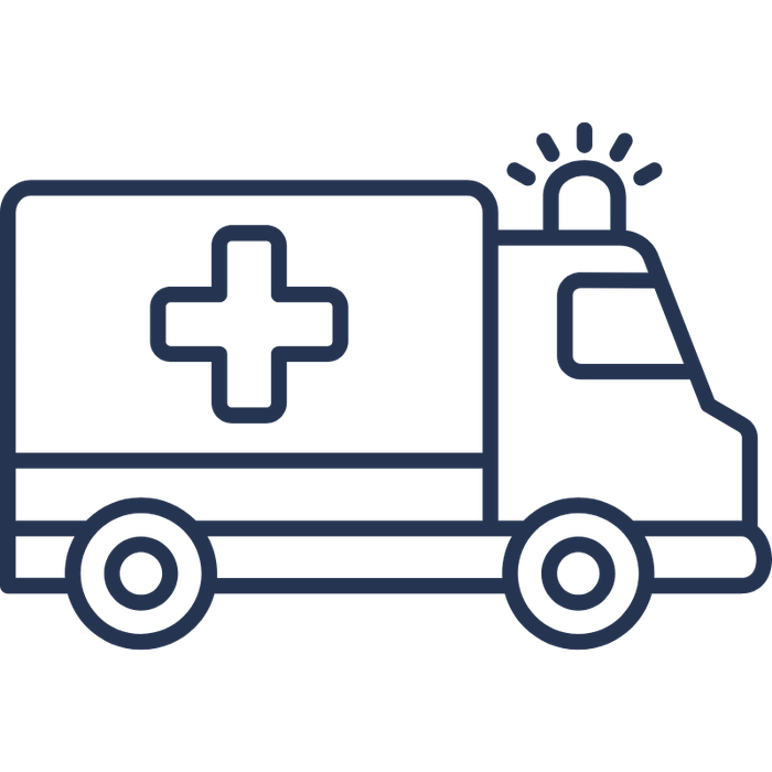 Une ambulance avec une croix médicale sur le côté, vue de côté, avec des lumières d'urgence allumées en haut.