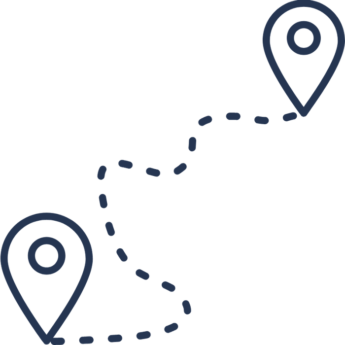 Un graphique représentant un chemin ondulé reliant deux marqueurs de localisation, symbolisant un itinéraire ou un trajet.