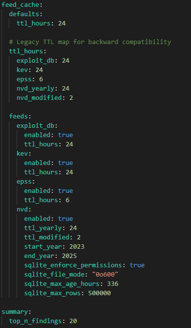 Screenshot of a text-based configuration file with database and security settings, including TTL values, encryption, and SQLite permissions.
