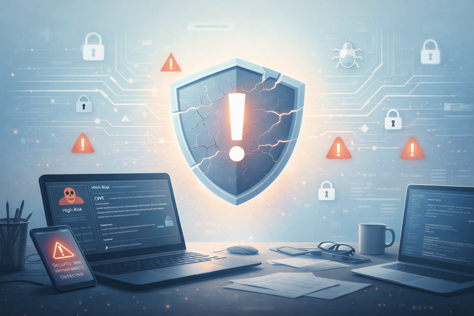 Computer desk with laptops, a smartphone warning of vulnerability, security alert, papers, and a mug, with a digital shield with an exclamation mark and crack lines representing cybersecurity threats on the wall behind.