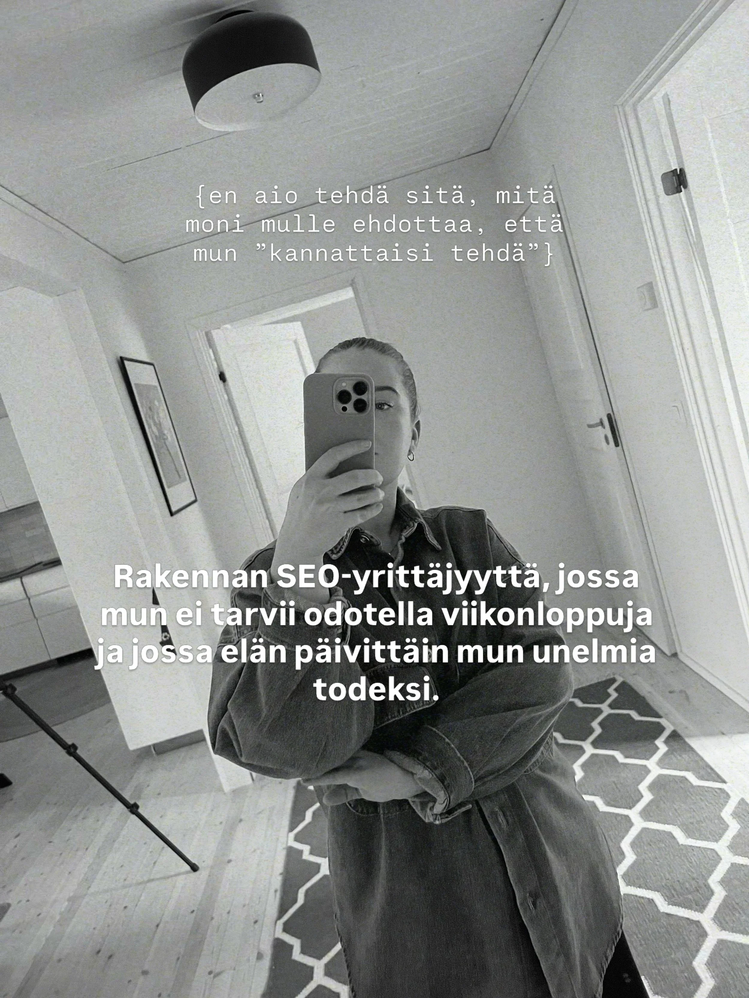 koska m&auml; haluan olla l&auml;sn&auml; mun lapselle just silloin kun h&auml;n tarvitsee.

koska ty&ouml;el&auml;m&auml; on niin suuri osa meid&auml;n el&auml;m&auml;st&auml;, haluan luoda siit&auml; just niin hyv&auml;&auml; mit&auml; se voi mulle