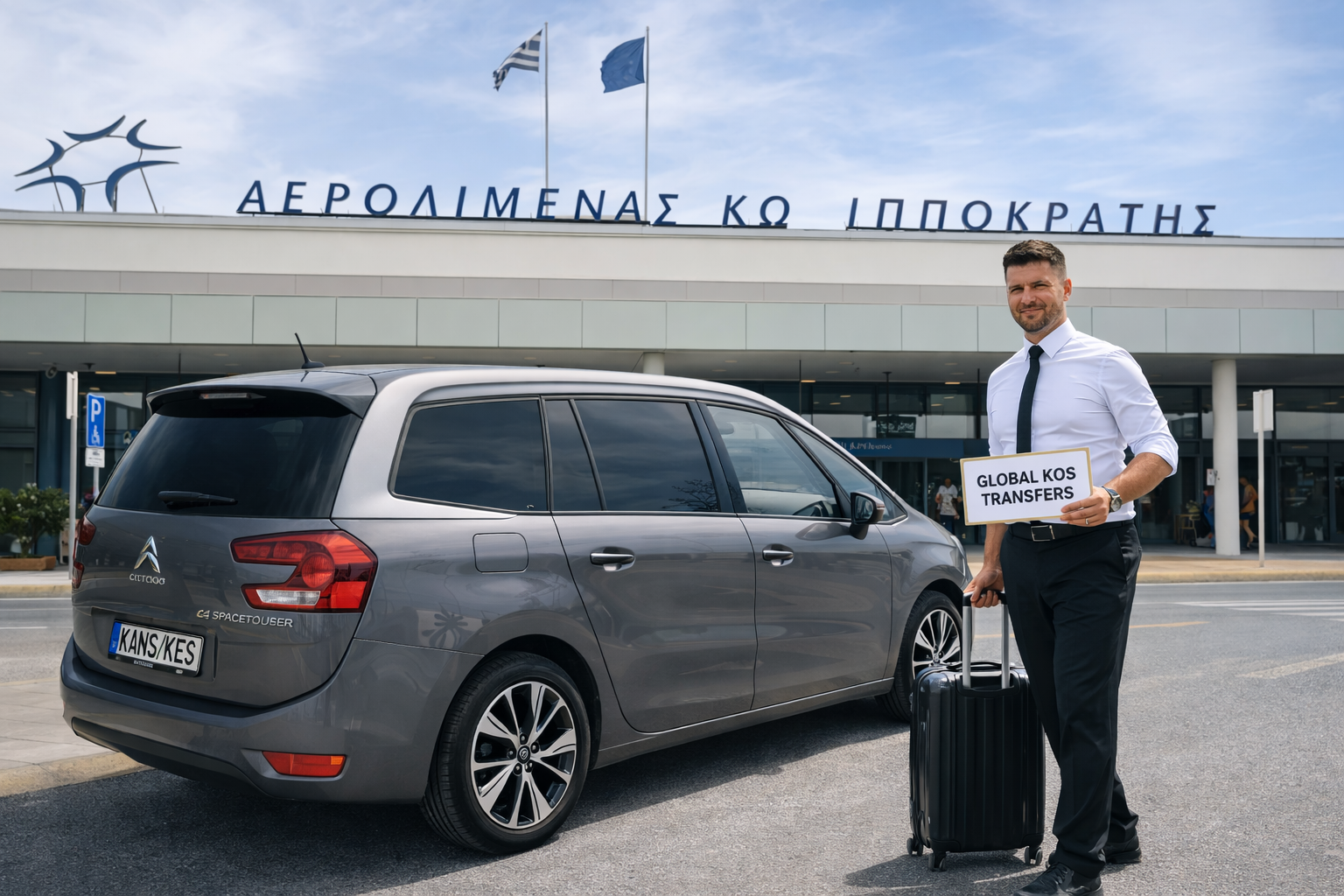 Man in formal attire holding a sign that reads "Global Kos Transfers" standing next to a gray Citroën C4 Spacetourer vehicle outside an airport building with Greek signage.