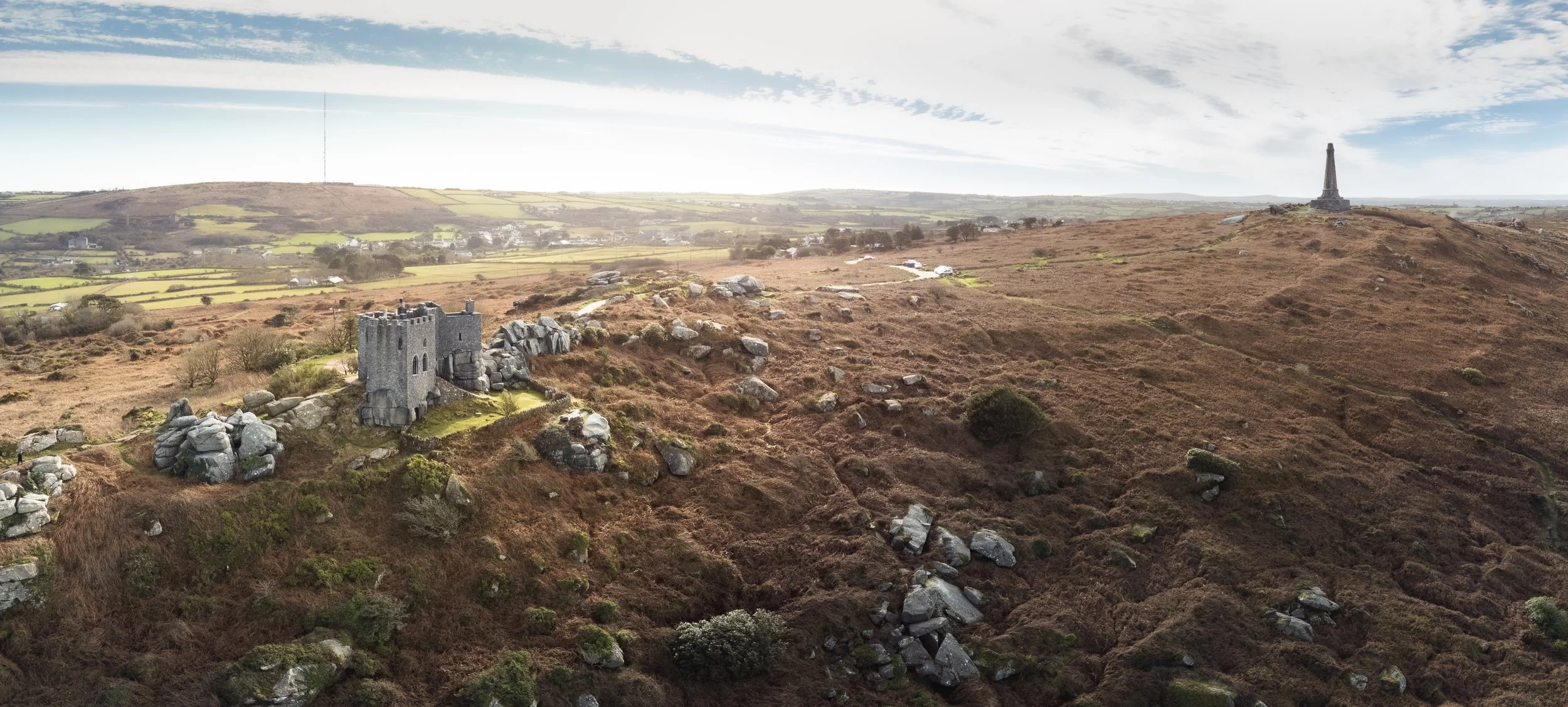 Carn Brea Castle and Bassett Monument in Cornwall.