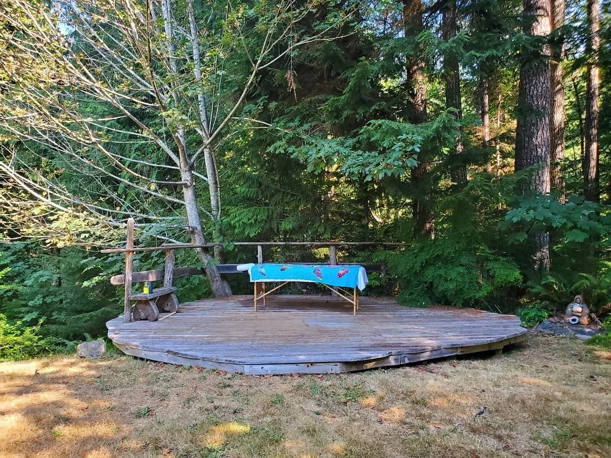 Wooden outdoor stage with trees and forest background, table with colorful tablecloth, and rocks on ground.