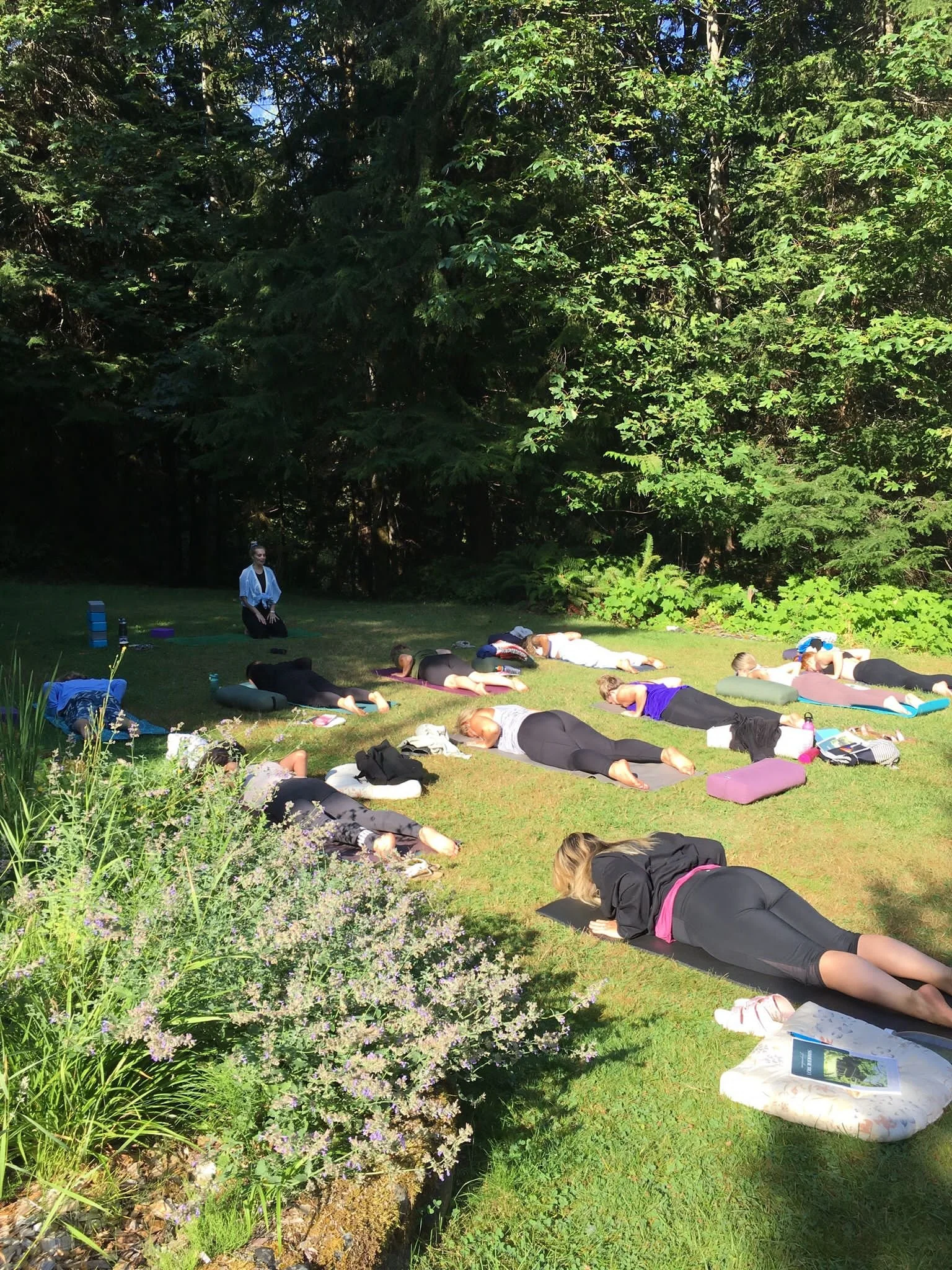 A group of people practicing yoga outdoors on a grassy field surrounded by trees, with some lying on yoga mats in a shaded area and others in a kneeling position, led by an instructor.