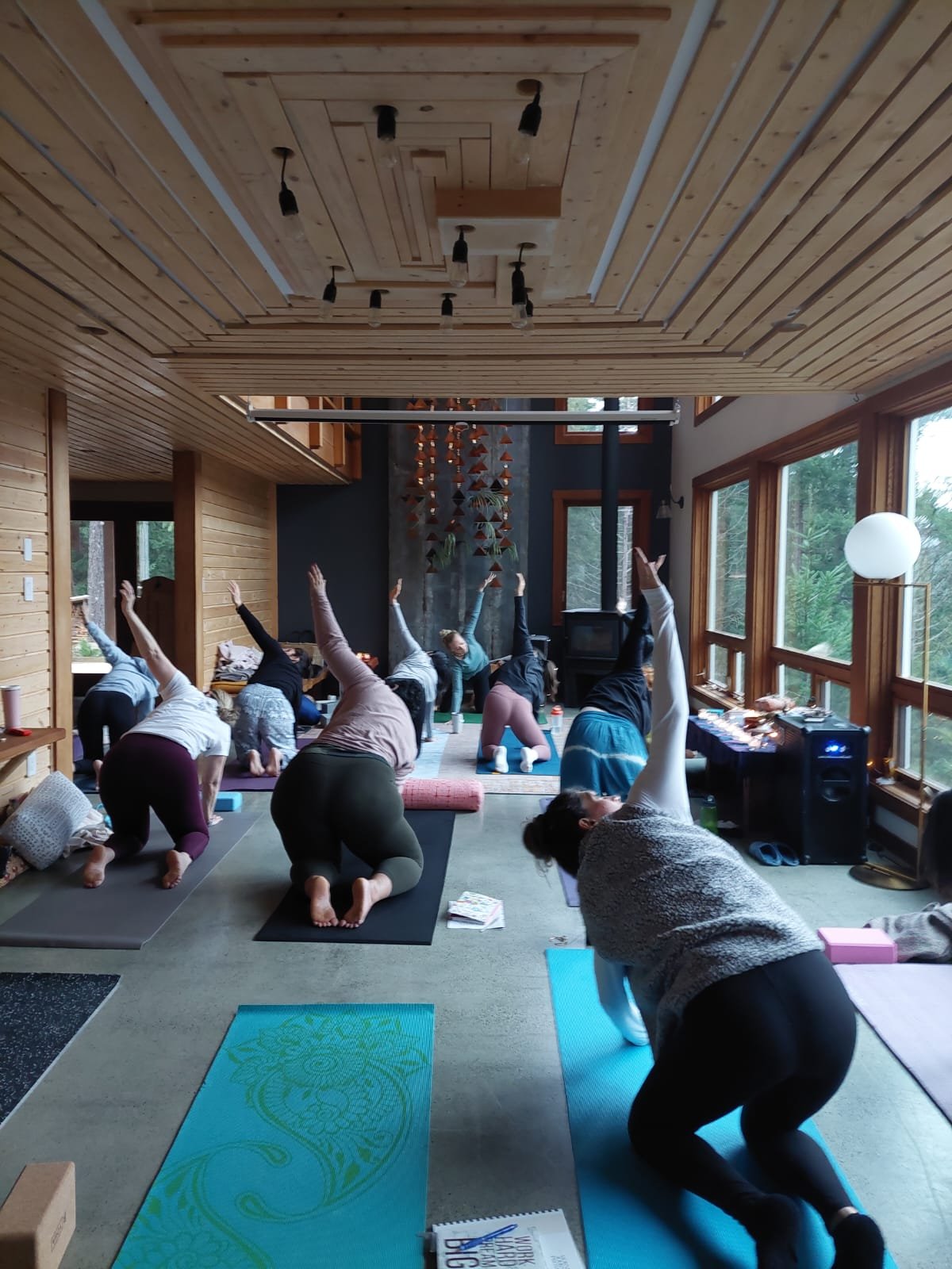 People participating in a yoga class inside a wooden-finished room, practicing a side stretch pose on their mats near large windows with a view of trees.