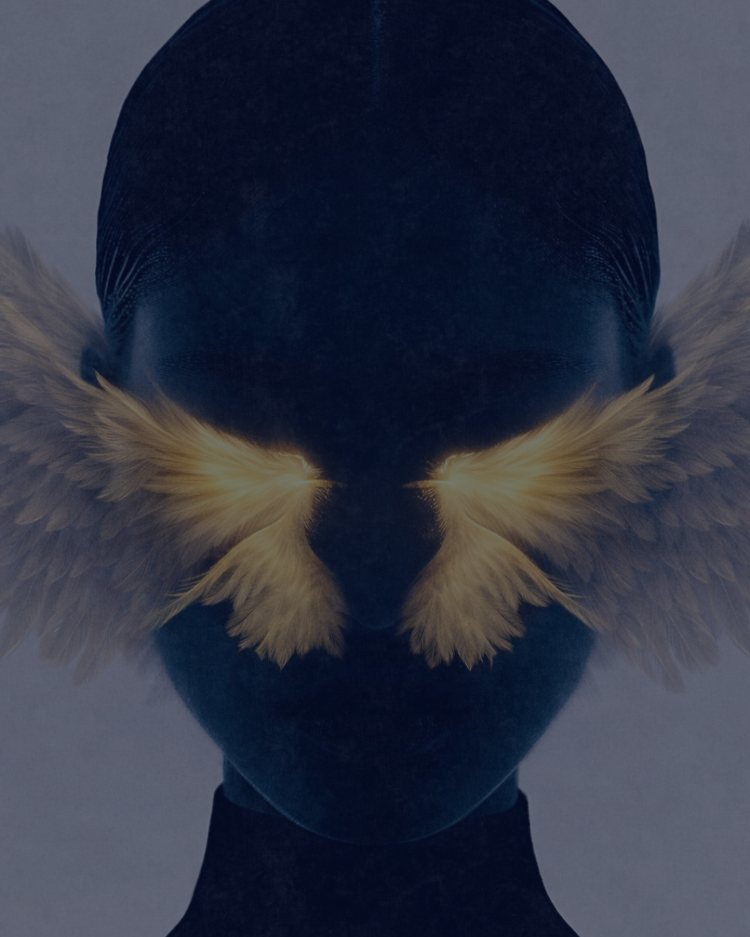 Abstract portrait of a person with a dark silhouette, with golden feathers forming a wing-like pattern on either side of their face.