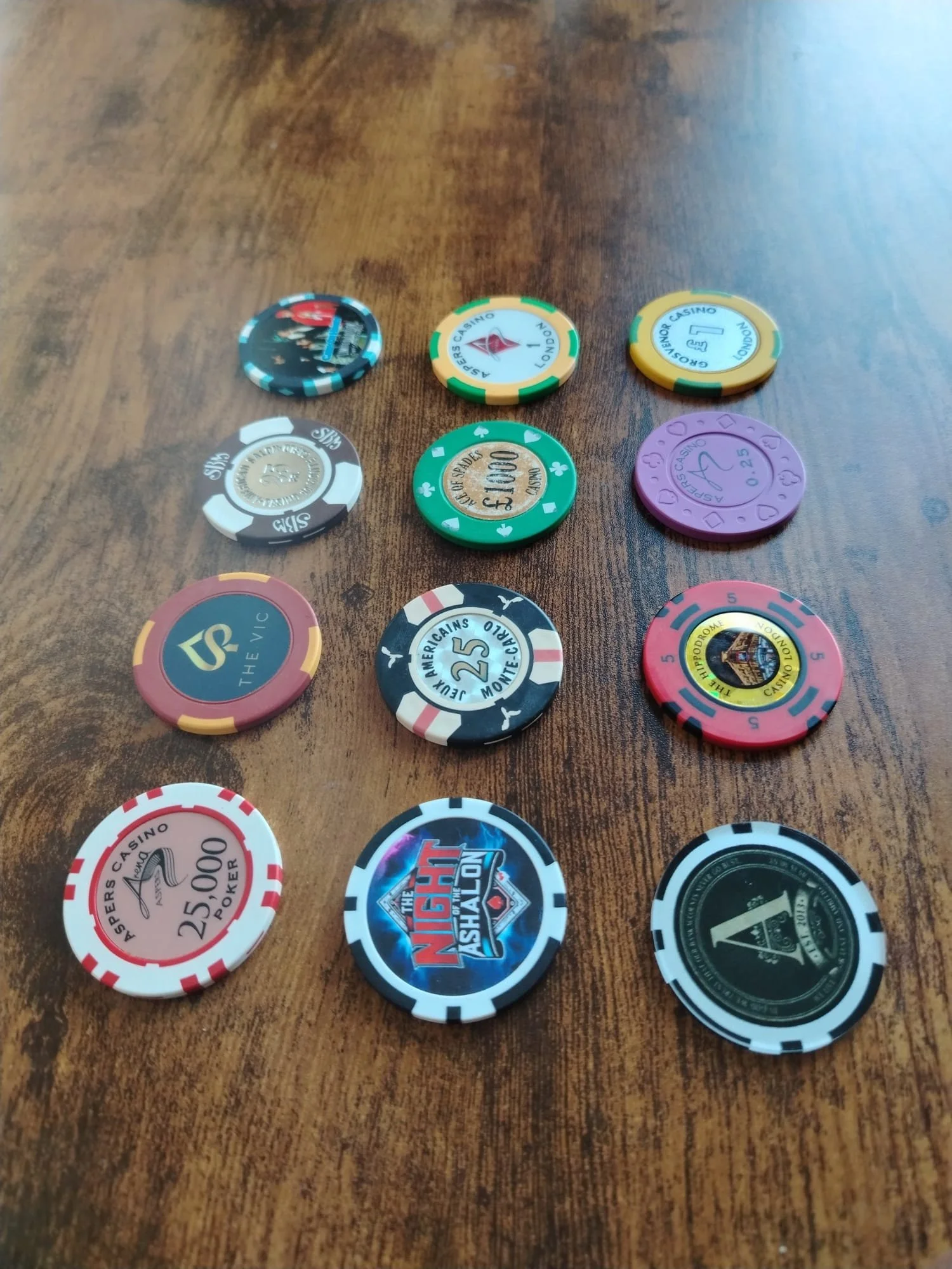 Various casino chips on a wooden surface.