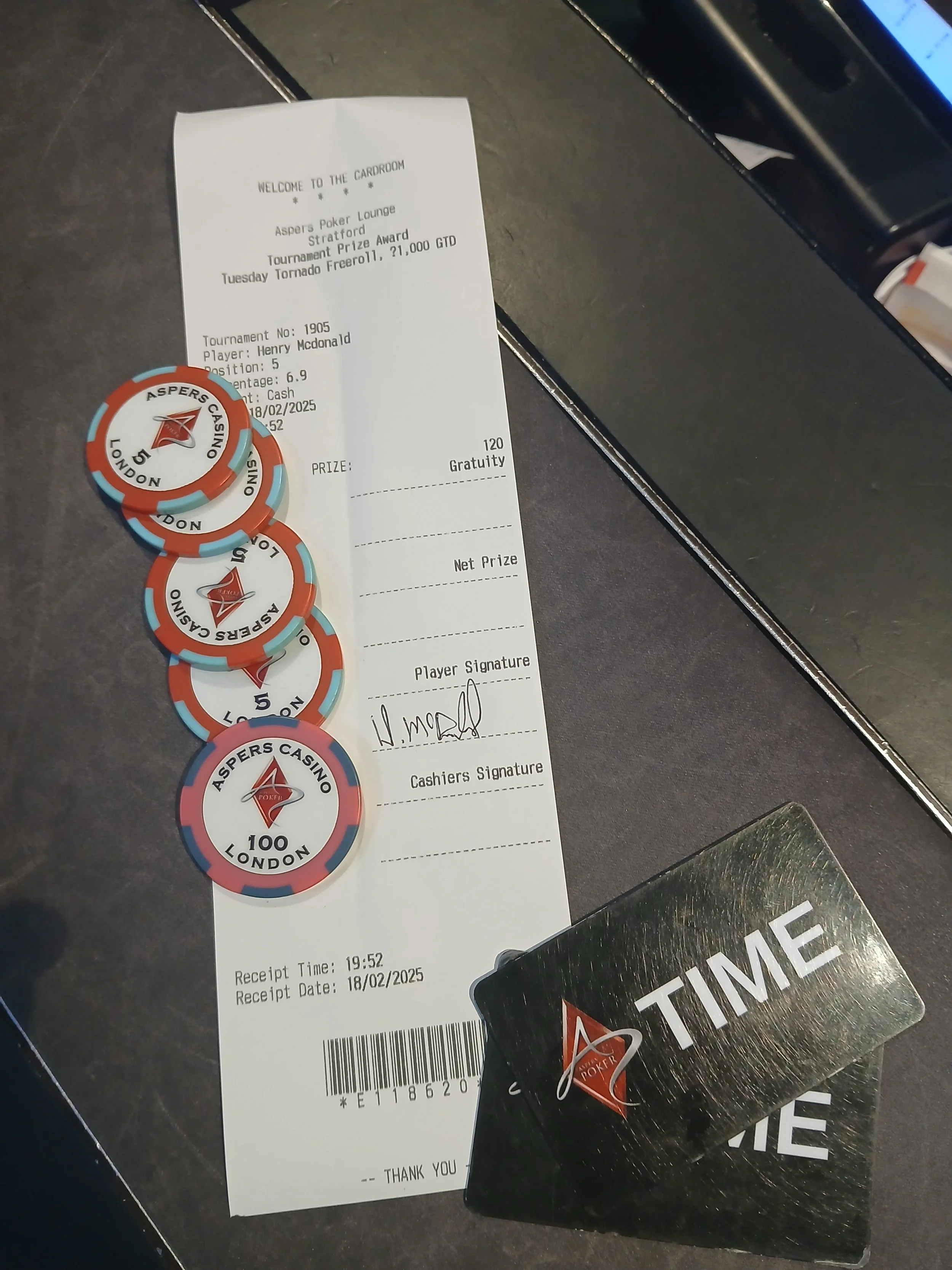 A receipt from Aspers Poker Lounge, Stratford, for a tournament prize award, along with three poker chips labeled with the Aspers Casino logo and monetary values of five, fifty, and one hundred pounds.