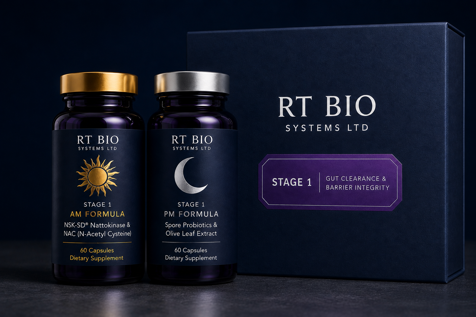 RT Bio Systems Stage 1 AM and PM Dietary Supplement Bottles with Box