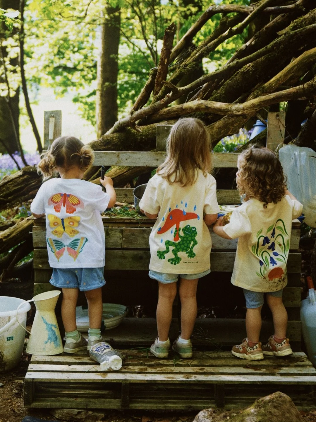 Seeing our friends in Tiny Wild Club at forest school today was the best feeling. We are so grateful to have a wonderful little tribe to wear and test all our pieces! 🫶🏽 
New tees launching on the website this weekend, limited drop 🐸🫛🦋🦔