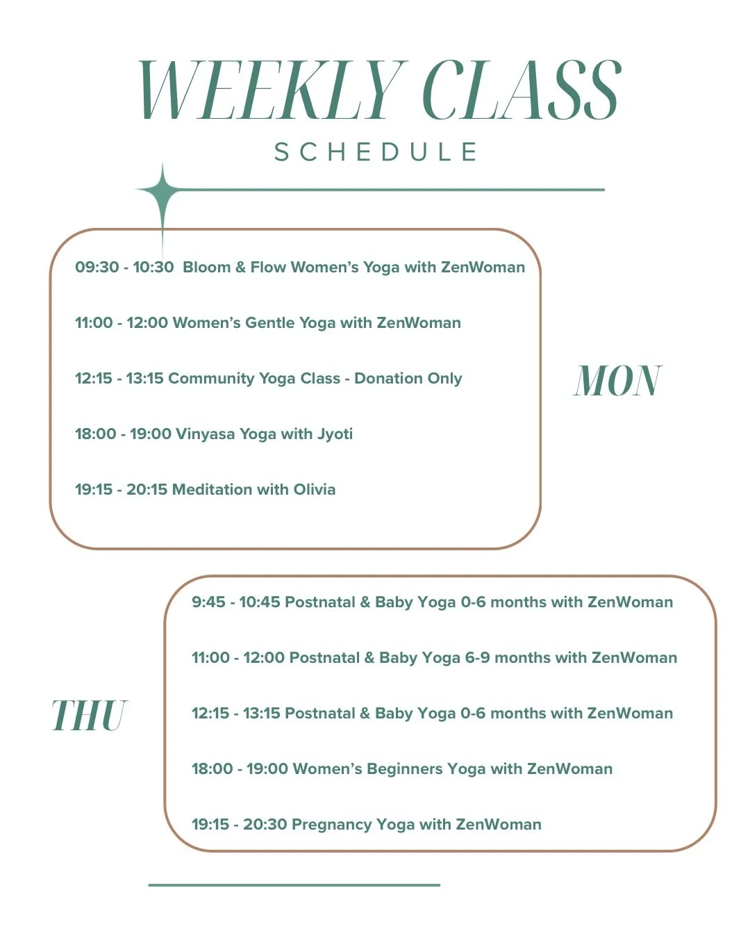 New month approaching and more opportunities to move, breathe, and reconnect ✨🧘&zwj;♀️

Our updated class schedule is here! Whether you&rsquo;re looking for an energizing flow, a grounding reset, or a peaceful moment for yourself, we&rsquo;ve got a 