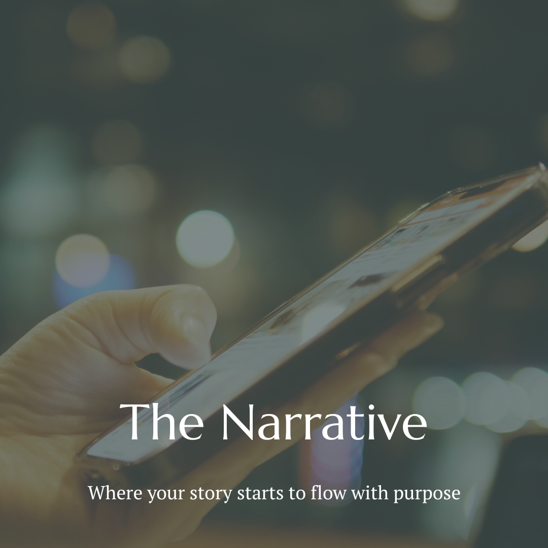 Close-up of a hand holding a smartphone at night with blurred city lights in the background, with text overlay reading "The Narrative: Where your story starts to flow with purpose."