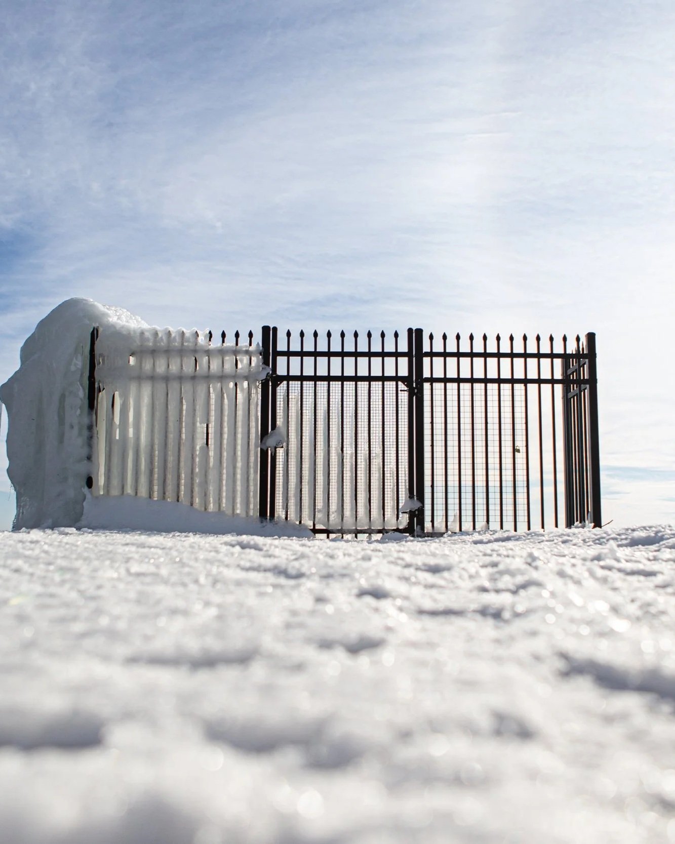 A black metal gate with snow and ice buildup in a snowy landscape under a cloudy sky.
