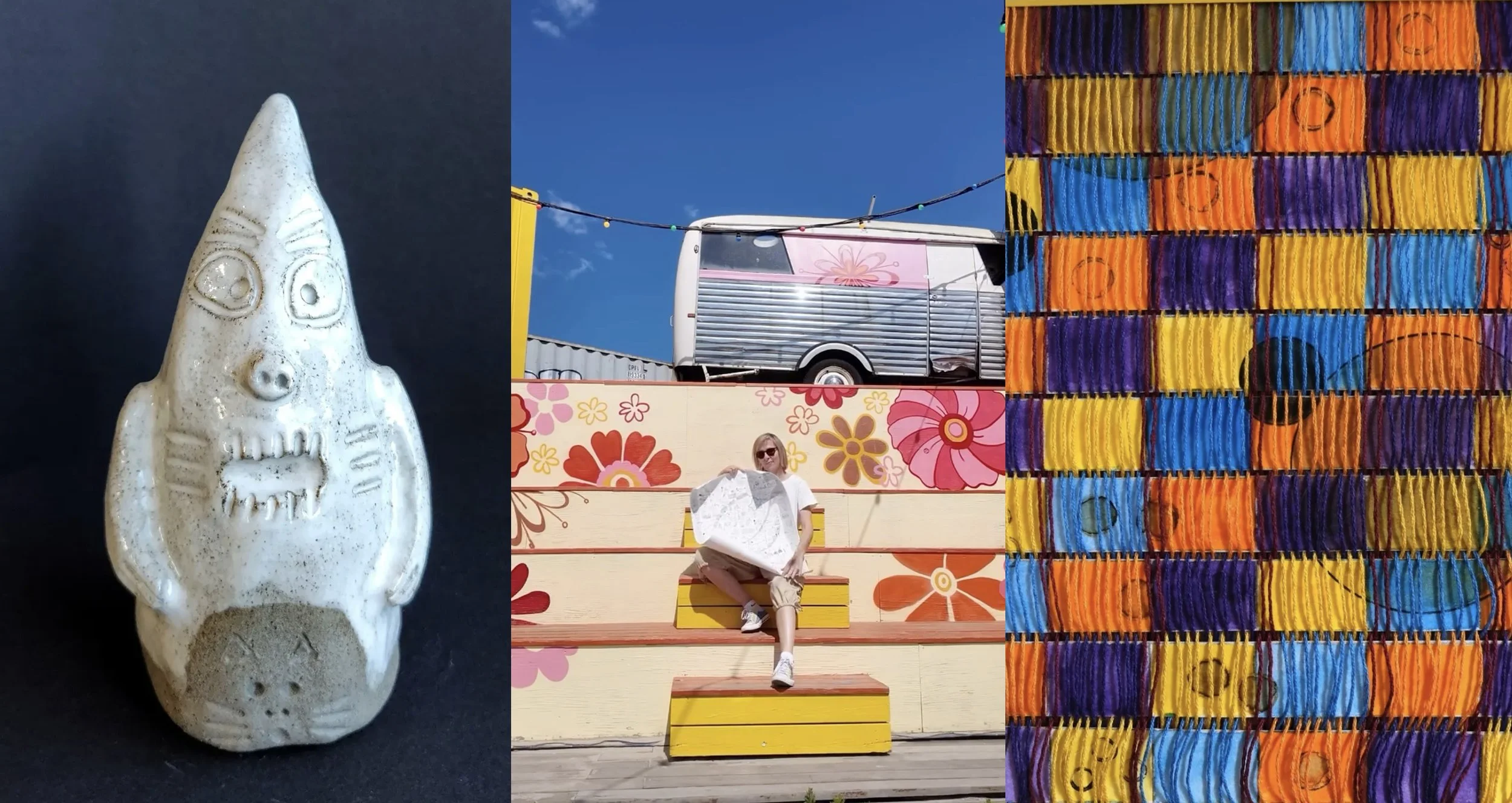 an image showing 3 different art forms. A ceramic sculpture, an artist holding a poster and a woven artwork
