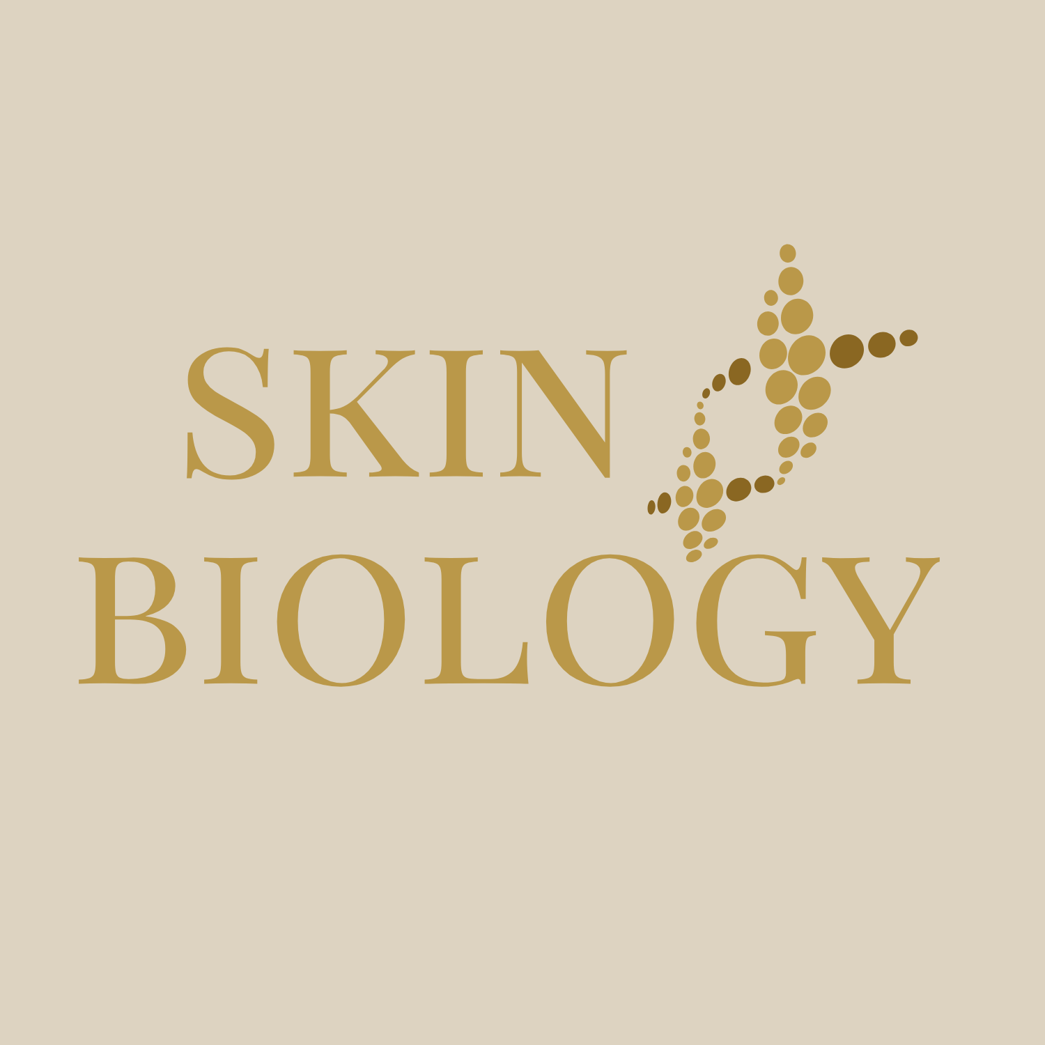 Text reading 'Skin Biology' with an abstract DNA strand made of circles in shades of brown.