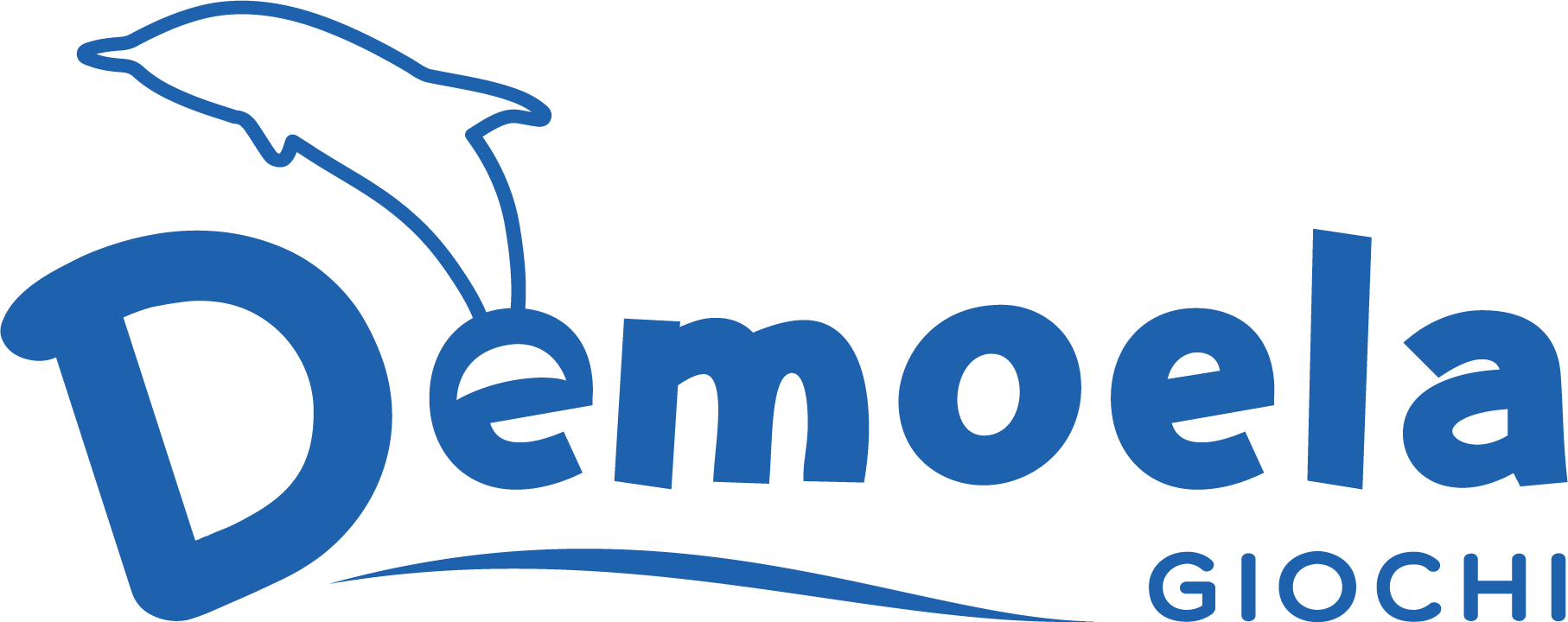 Blue and white logo for Demoela Giochi, featuring the outline of a jumping dolphin