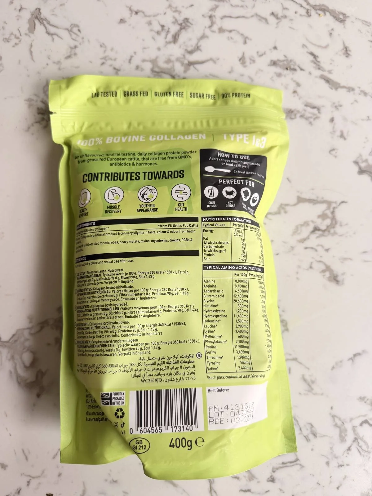 The back of a collagen pack showing 90 percent protein and the amino acid list.