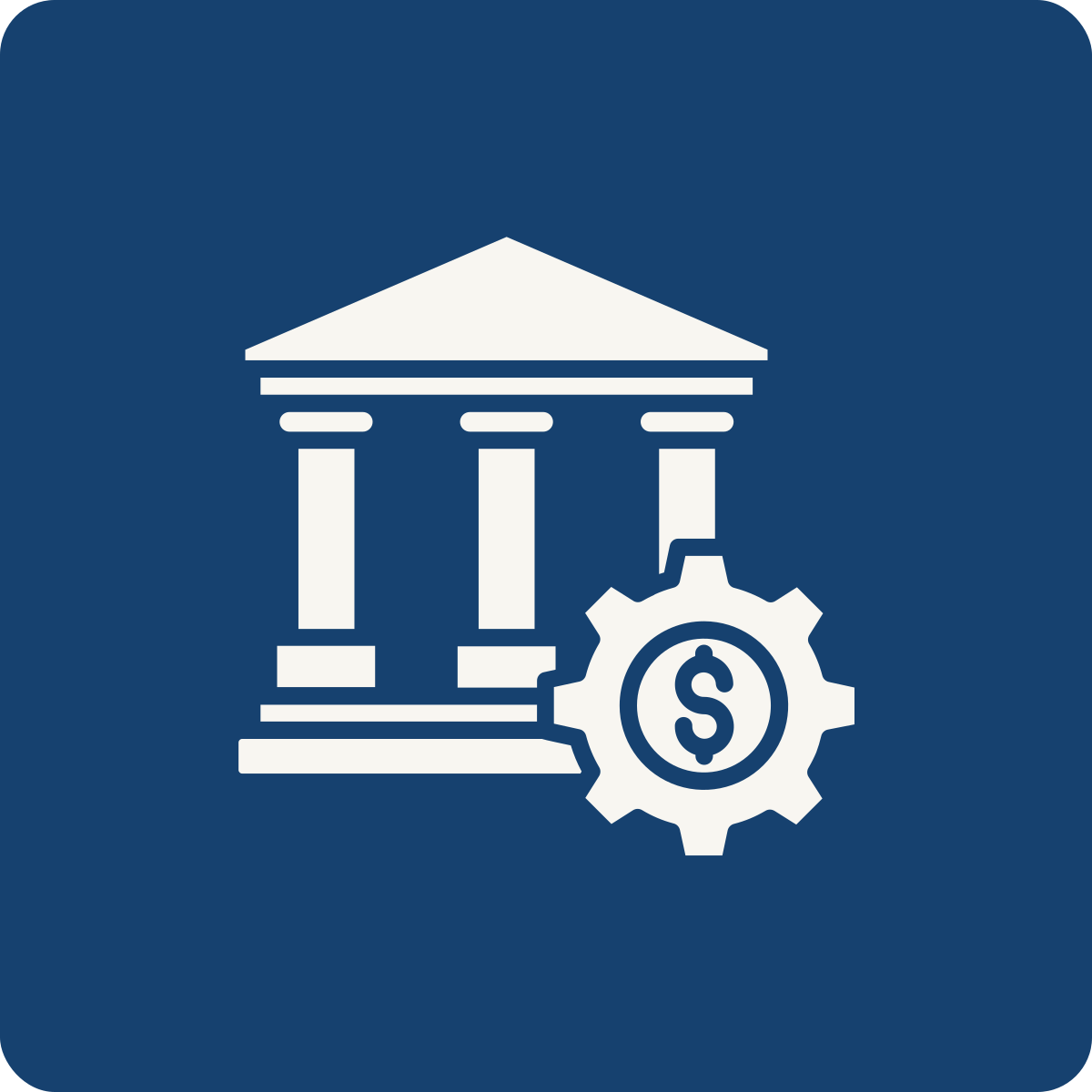 Icon of a government building with columns and a gear symbol containing a dollar sign, representing financial government or economic policy.