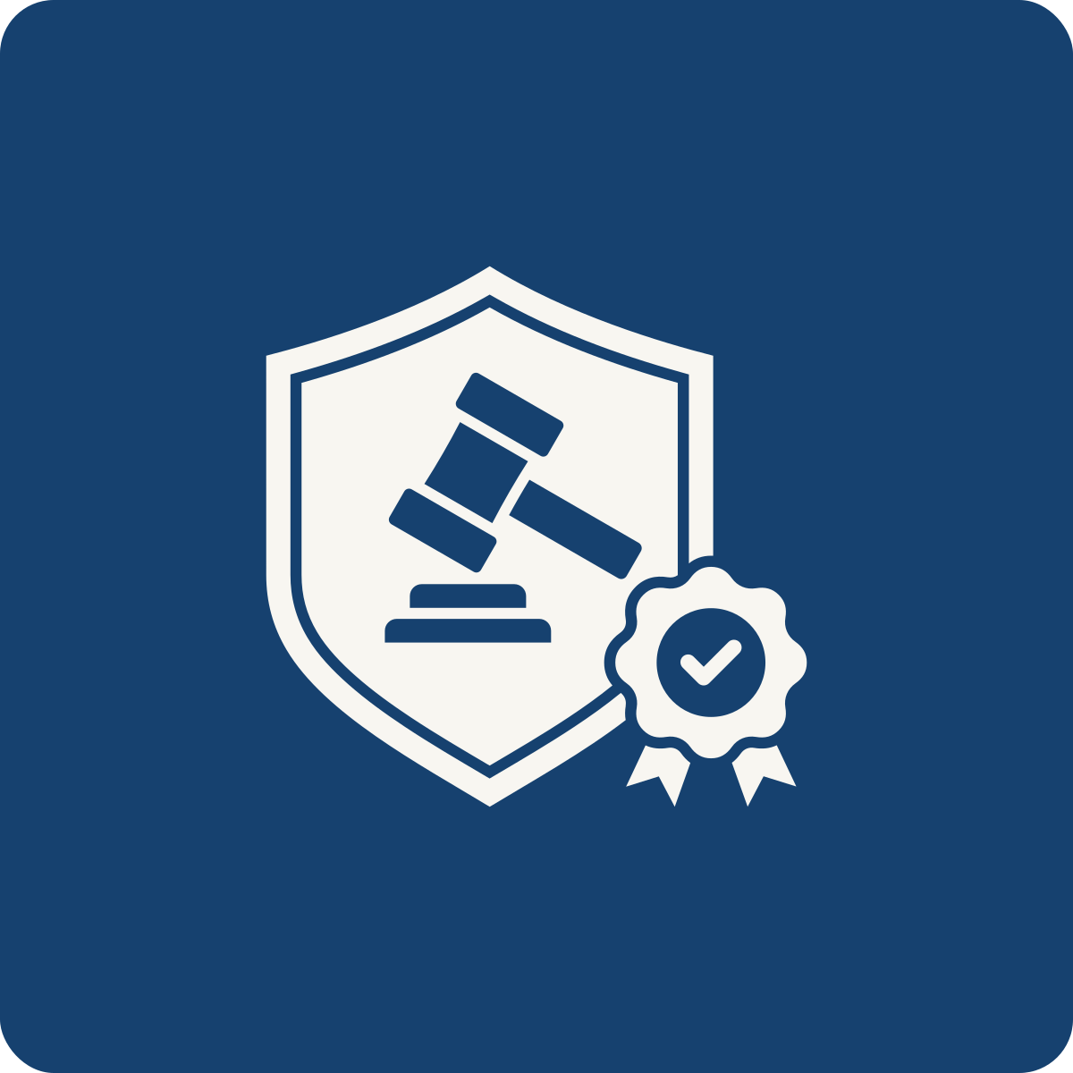Shield emblem with a gavel and a certification badge showing a check mark