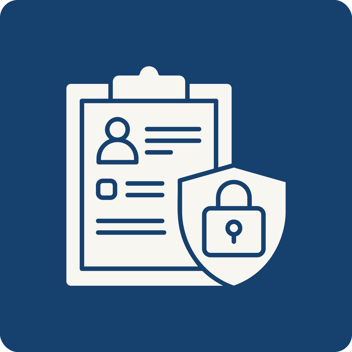 Icon of a resume or profile with a shield and lock symbol, representing secure personal information.