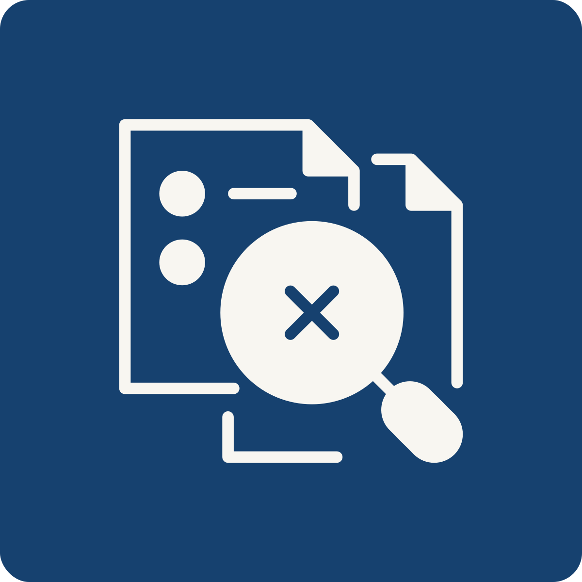 Icon of a computer folder with a magnifying glass displaying a cross symbol, indicating file deletion or removal.