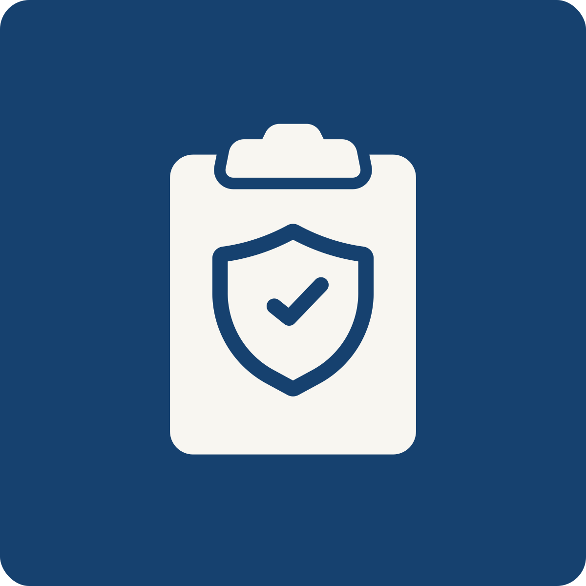 Icon of a clipboard with a shield and checkmark