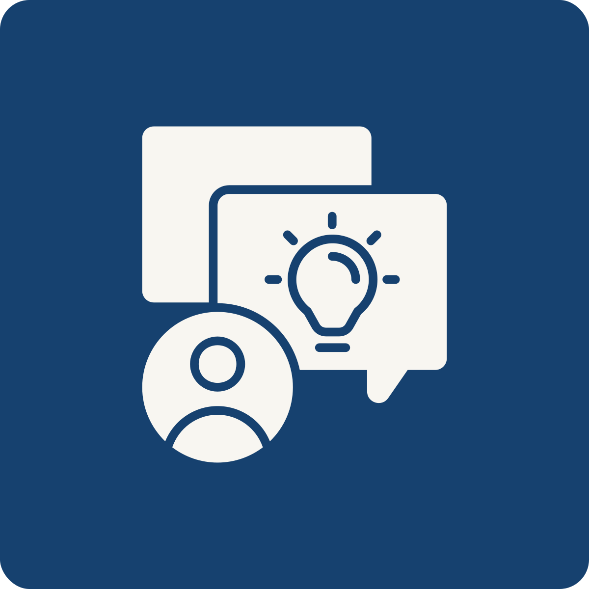 Icon representing a person, speech bubbles with a lightbulb and ideas, over a dark blue background.