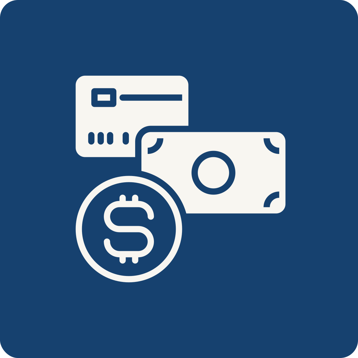 Icon of a credit card, cash, and a dollar coin.
