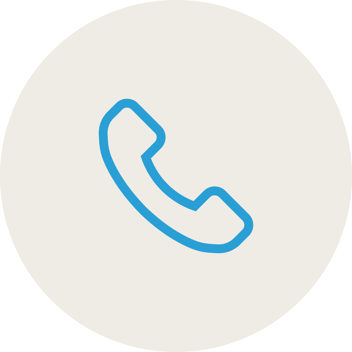 Icon of a blue phone handset on a white circular background.