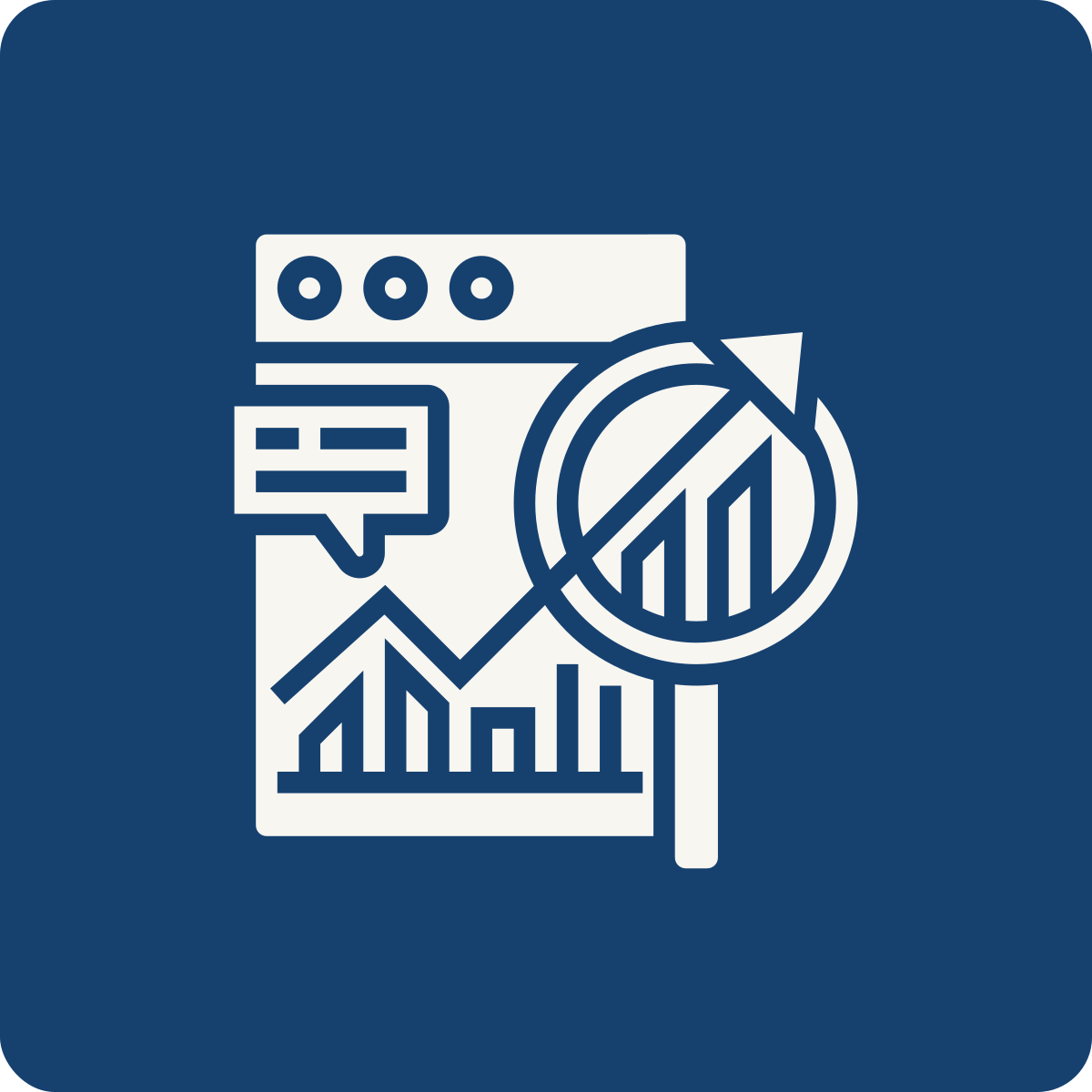 Icon of a web browser window with charts, graphs, a speech bubble, and a magnifying glass showing increasing data trends.