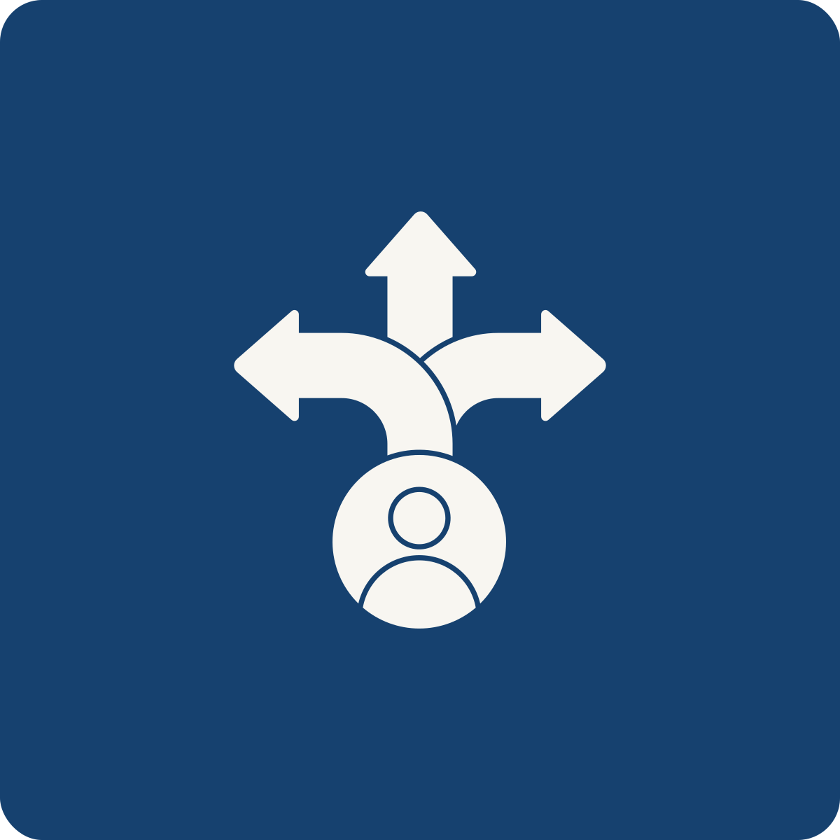 Icon of a person with three arrows pointing in different directions: left, up, and right, representing choices or multiple options.