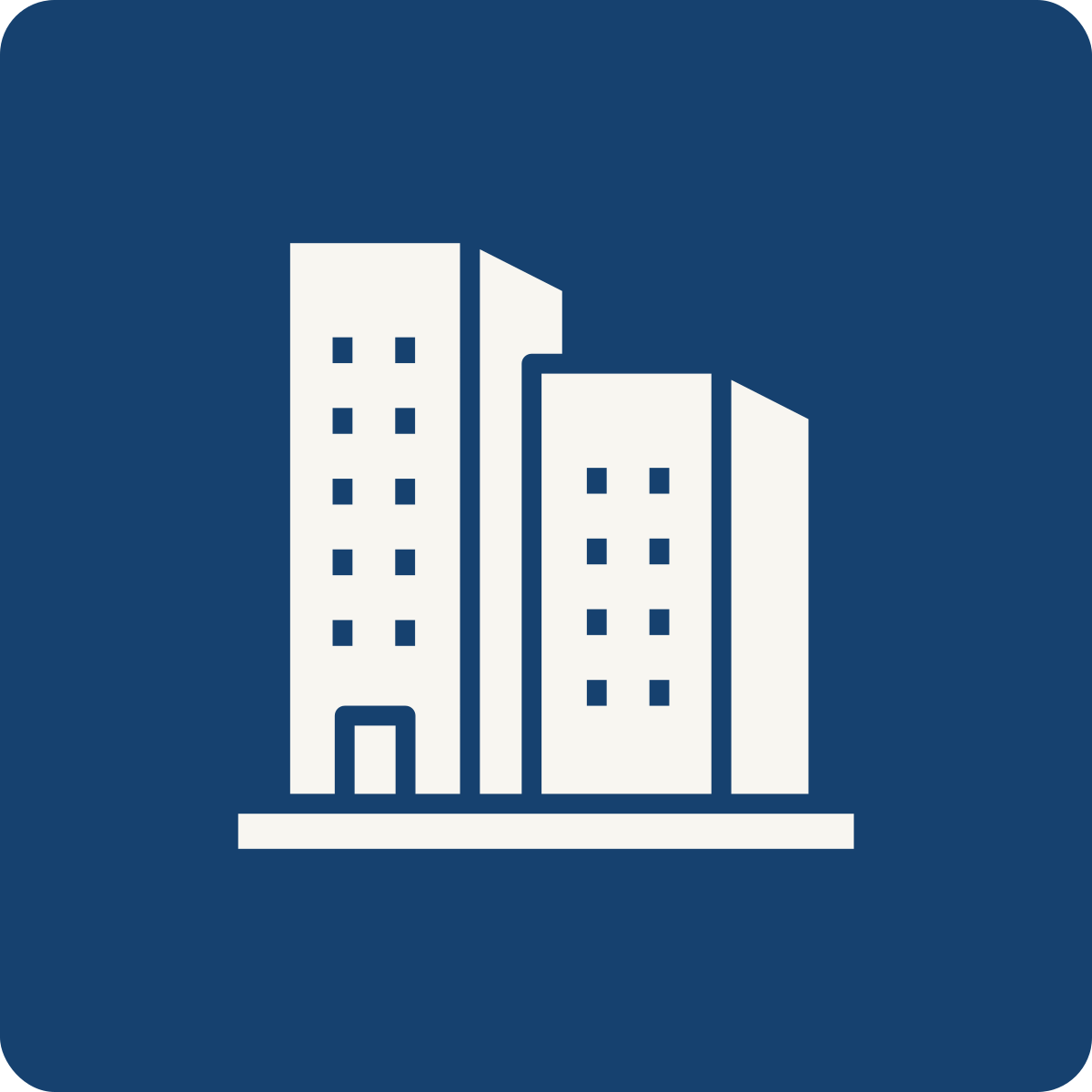 Icon of three white buildings on a dark blue background.