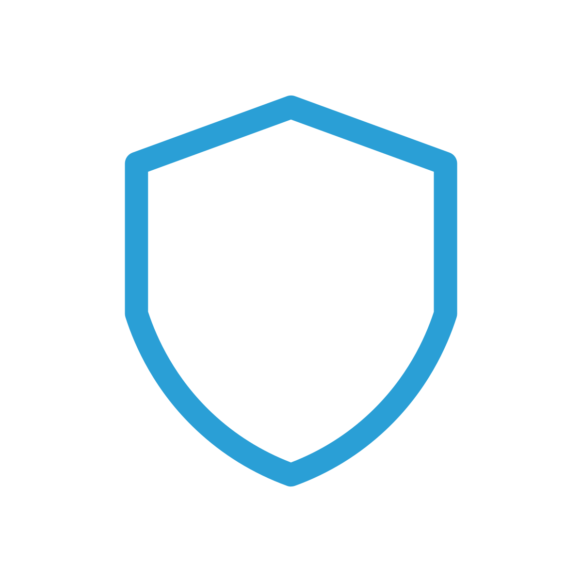 A shield outline in blue on a black background representing security or protection.