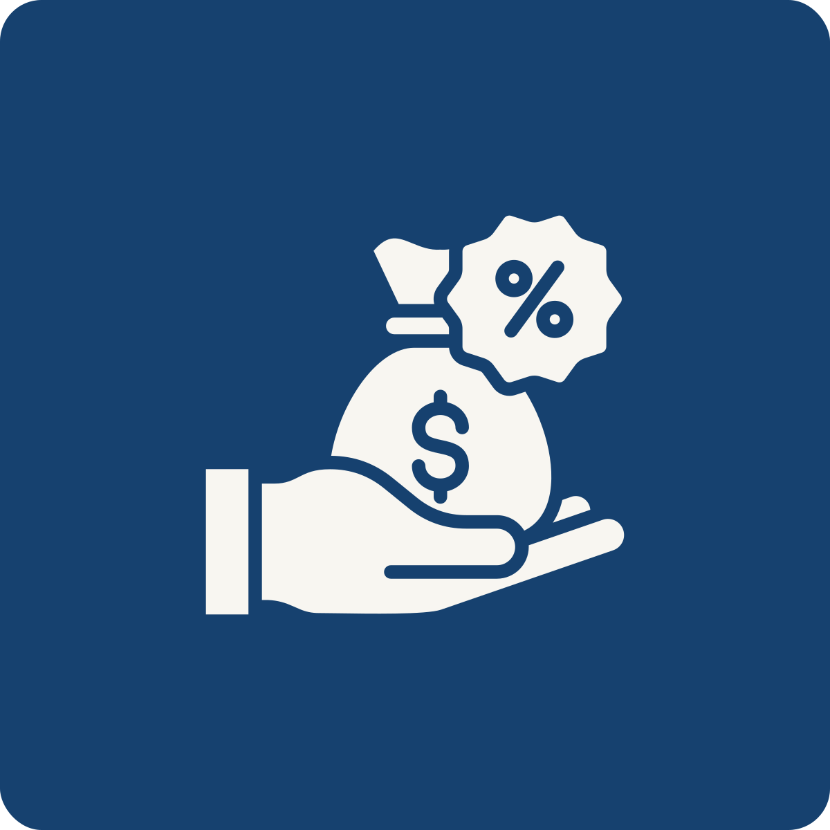 A hand holding a money bag with a dollar sign, a percentage sign, and a discount tag, indicating a financial or discount concept.