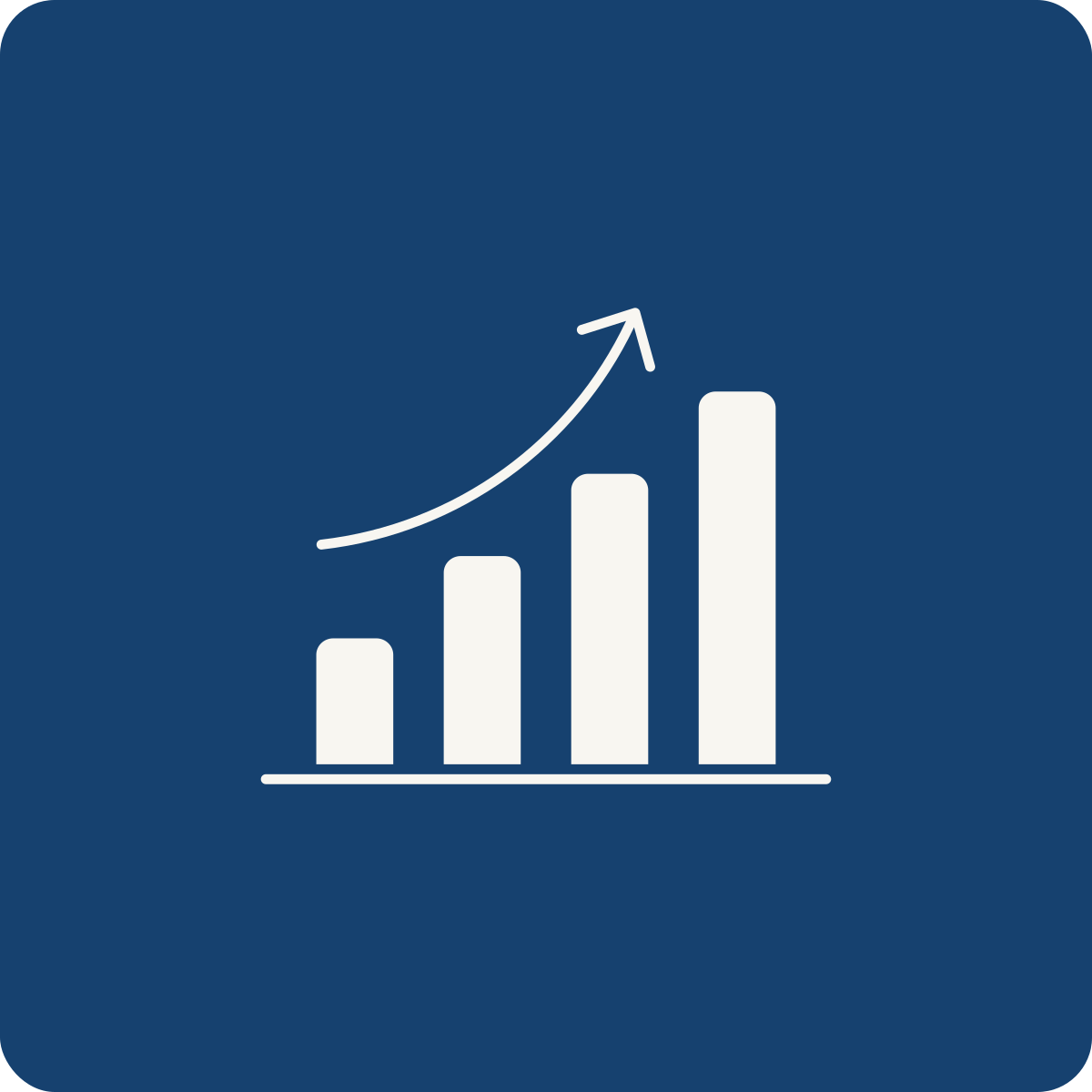 Bar graph with four ascending white bars and a curved arrow pointing upward on a dark blue background.
