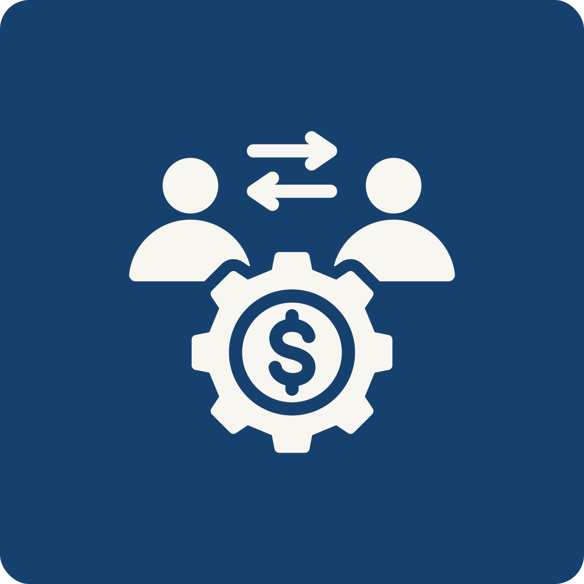 Icon depicting two people engaged in a financial or business transaction, with dollar signs and arrows indicating exchange or transfer of money.