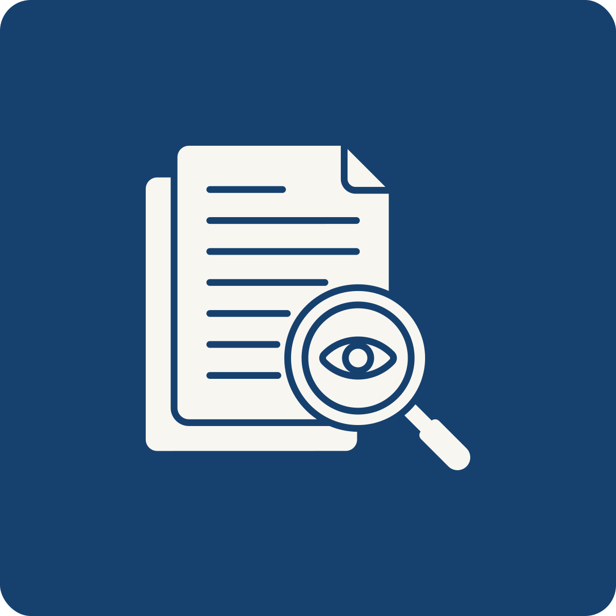 Icon of a document with lines of text, a magnifying glass with an eye inside, symbolizing review or analysis.