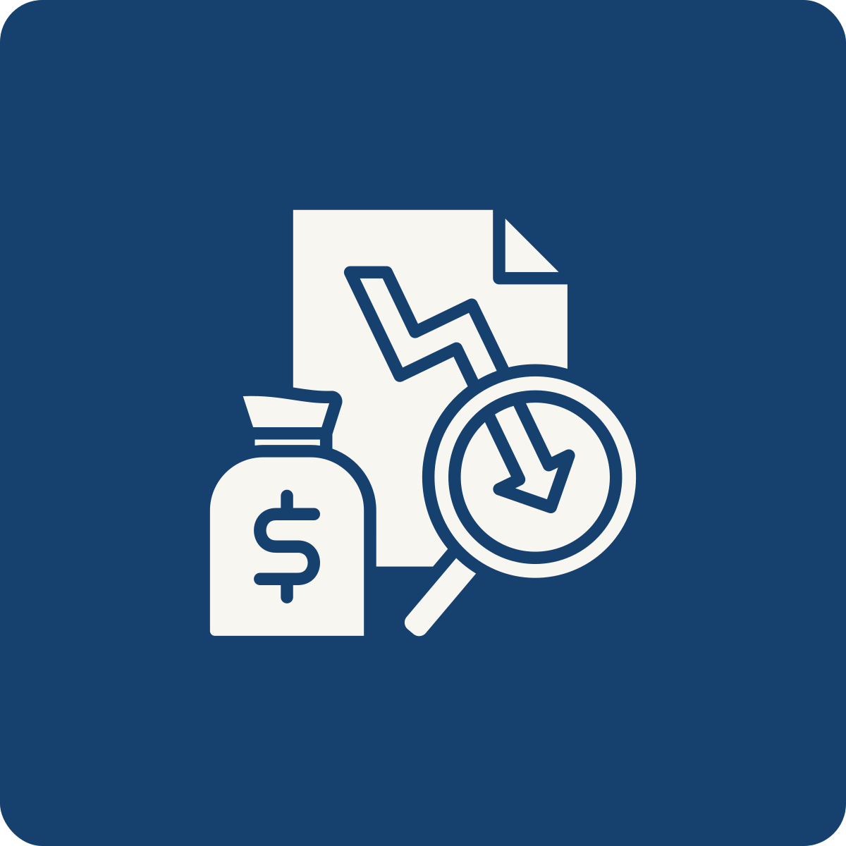 Icon of a financial report with a downward trending graph, a magnifying glass, and a money bag.