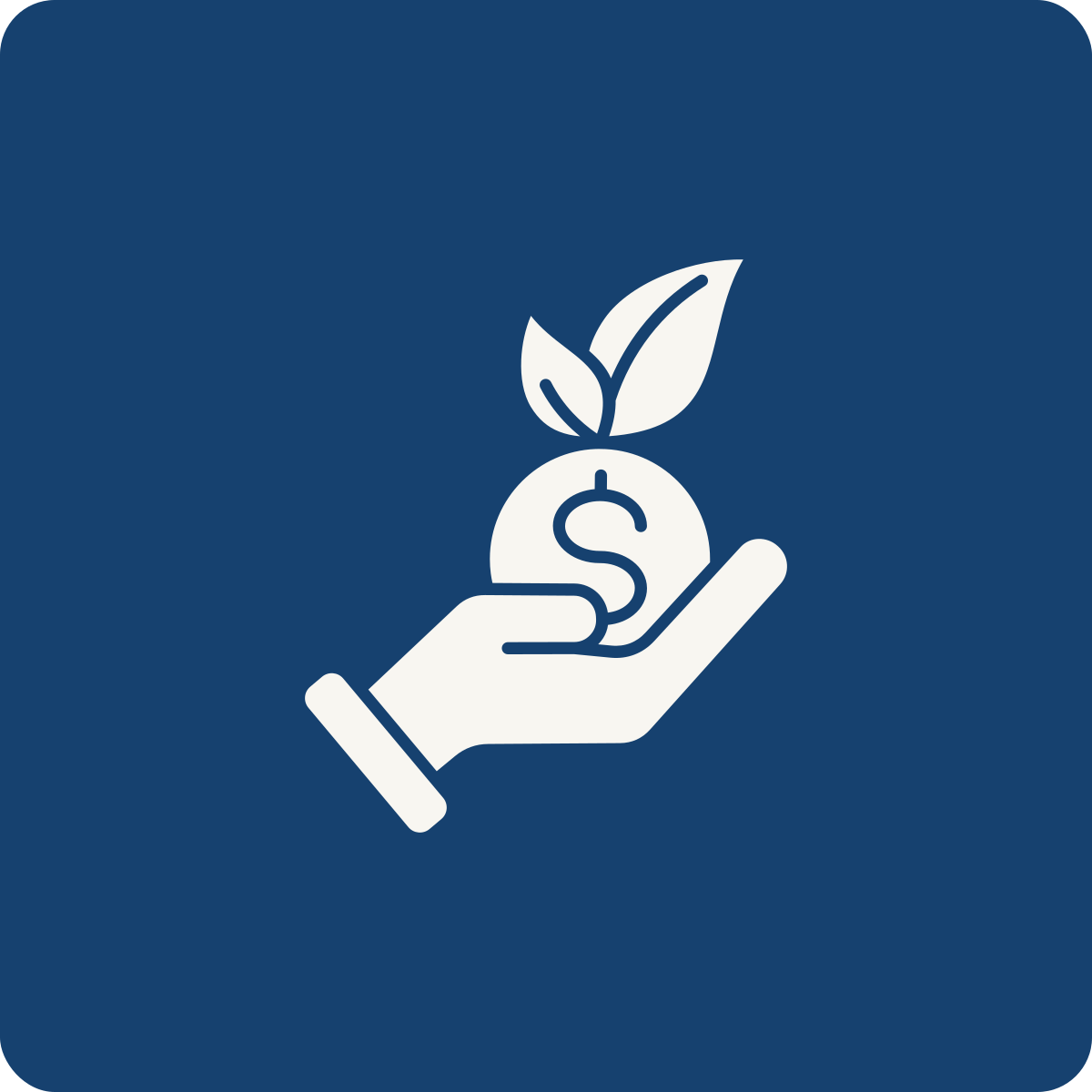 A graphic icon of a hand holding a dollar sign with a sprouting leaf, symbolizing sustainable finance or eco-friendly investments.